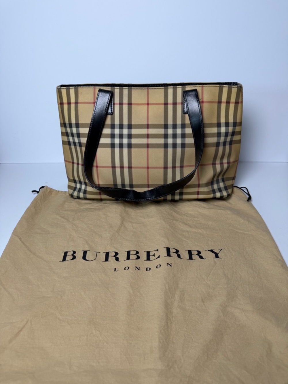 Burberry Nova Check Tote Bag Beige Black Leather Italy w Dust Bag
